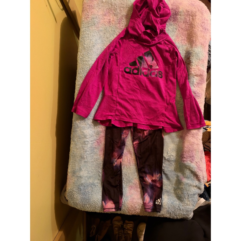 Adidas Girls Pink Floral Hoodie and Leggings 2 Piece Activewear Set Size 6